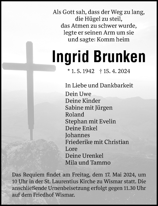 Traueranzeige von Ingrid Brunken von Ostsee-Zeitung GmbH