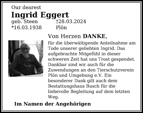 Traueranzeige von Ingrid Eggert von Kieler Nachrichten