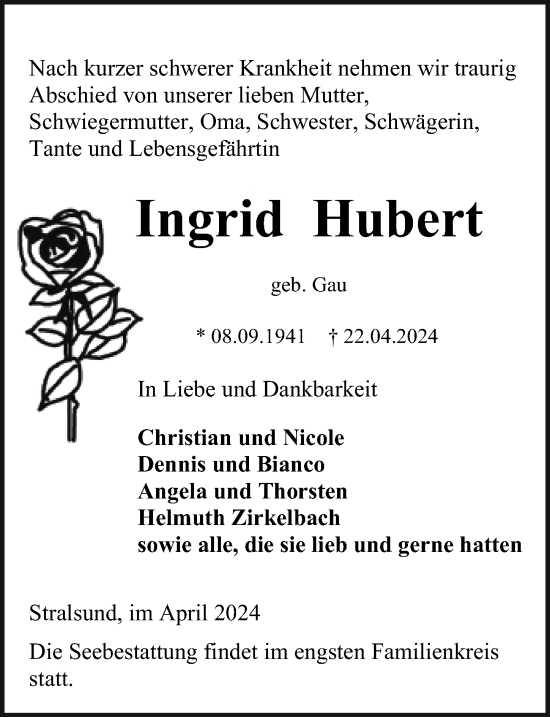Traueranzeige von Ingrid Hubert von Ostsee-Zeitung GmbH