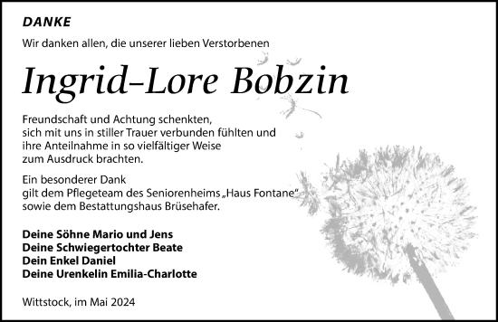 Traueranzeige von Ingrid-Lore Bobzin von Wochenspiegel