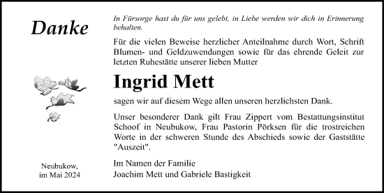 Traueranzeige von Ingrid Mett von Ostsee-Zeitung GmbH