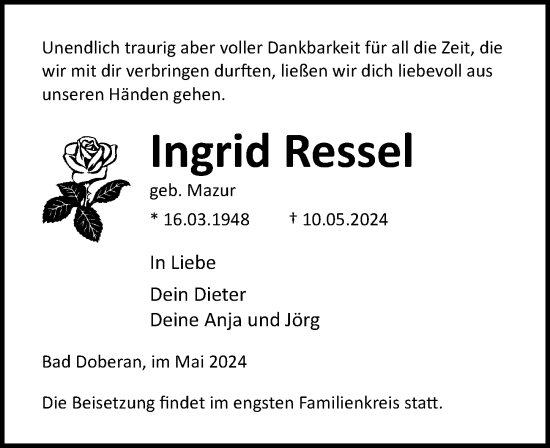 Traueranzeige von Ingrid Ressel von Ostsee-Zeitung GmbH