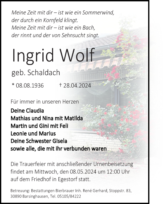 Traueranzeige von Ingrid Wolf von Hannoversche Allgemeine Zeitung/Neue Presse