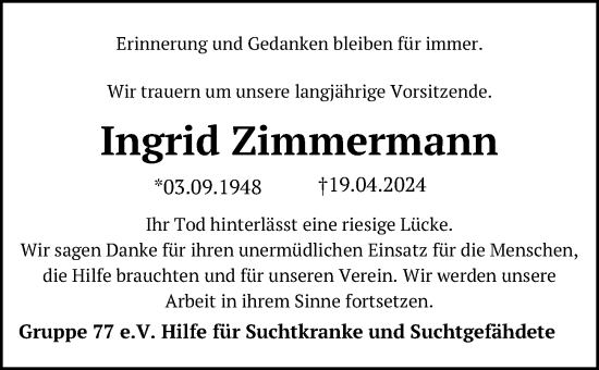 Traueranzeige von Ingrid Zimmermann von Hannoversche Allgemeine Zeitung/Neue Presse