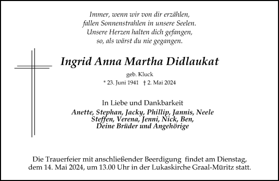 Traueranzeige von Ingrid Anna Martha Didlaukat von Ostsee-Zeitung GmbH
