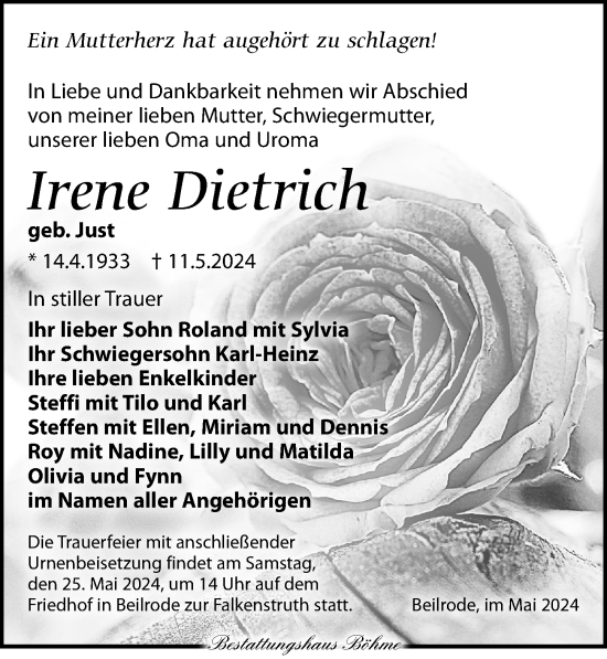 Traueranzeige von Irene Dietrich von Torgauer Zeitung