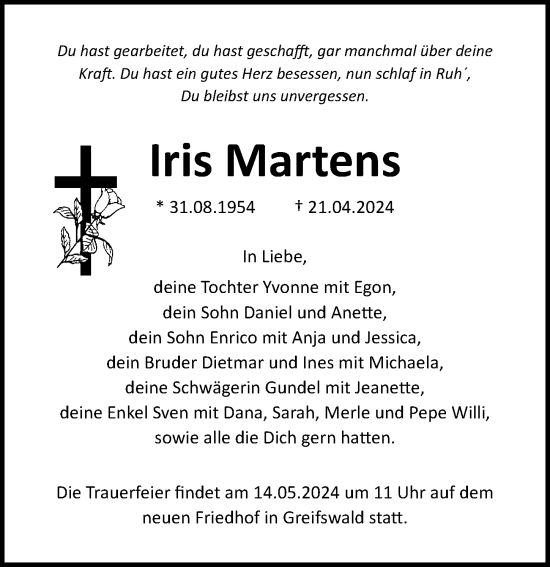 Traueranzeige von Iris Martens von Ostsee-Zeitung GmbH