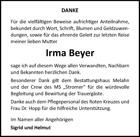 Traueranzeige von Irma Beyer von Ostsee-Zeitung GmbH