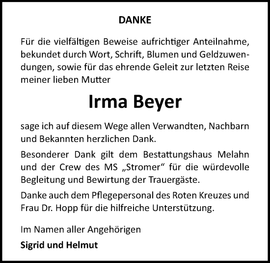 Traueranzeige von Irma Beyer