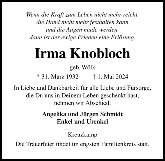 Traueranzeige von Irma Knobloch von Lübecker Nachrichten