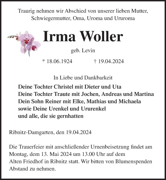 Traueranzeige von Irma Woller von Ostsee-Zeitung GmbH