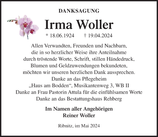 Traueranzeige von Irma Woller von Ostsee-Zeitung GmbH