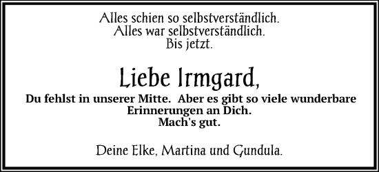 Traueranzeige von Irmgard  von Ostsee-Zeitung GmbH
