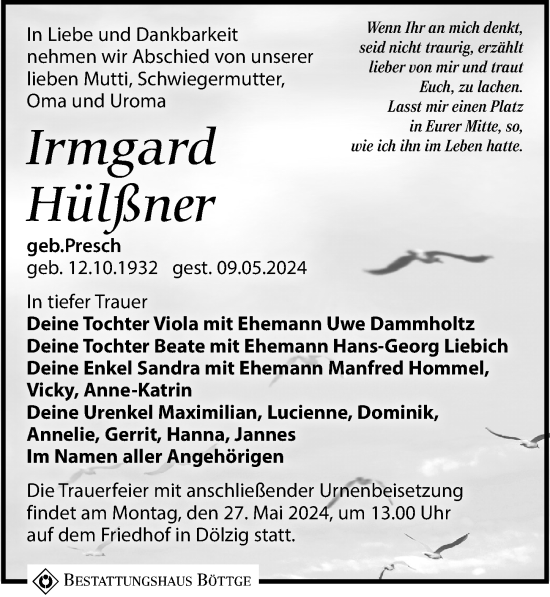 Traueranzeige von Irmgard Hülßner von Leipziger Volkszeitung