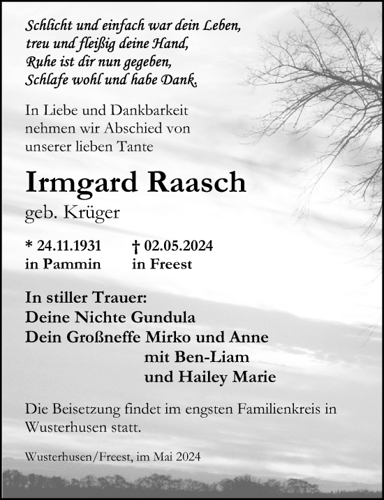 Traueranzeige von Irmgard Raasch von Ostsee-Zeitung GmbH