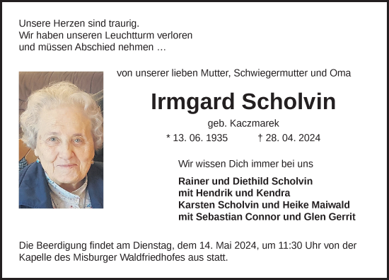 Traueranzeige von Irmgard Scholvin von Hannoversche Allgemeine Zeitung/Neue Presse