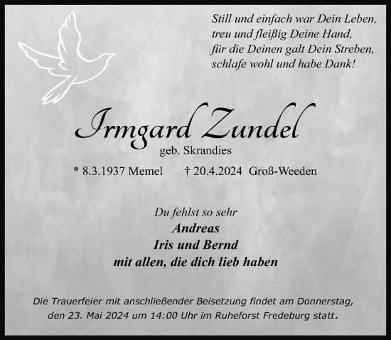 Traueranzeige von Irmgard Zundel von Lübecker Nachrichten