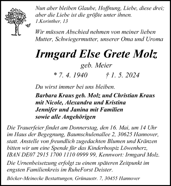Traueranzeige von Irmgard Else Grete Molz von Hannoversche Allgemeine Zeitung/Neue Presse