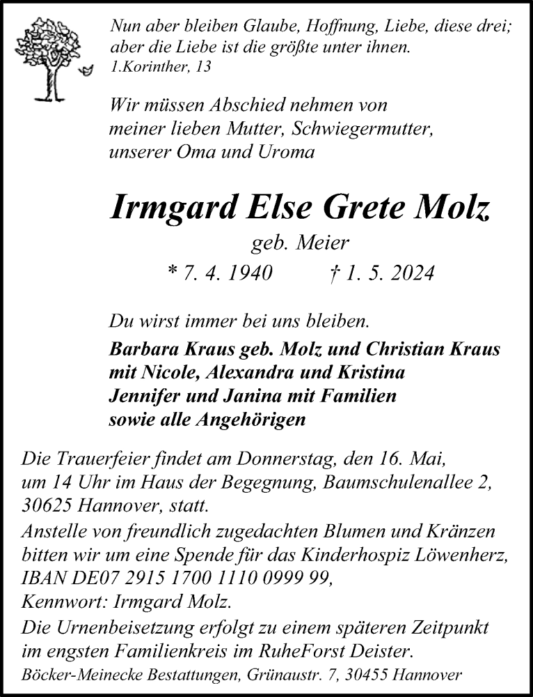  Traueranzeige für Irmgard Else Grete Molz vom 11.05.2024 aus Hannoversche Allgemeine Zeitung/Neue Presse