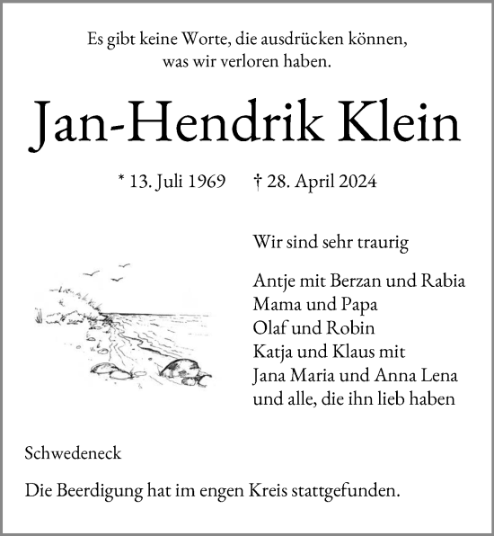 Traueranzeige von Jan-Hendrik Klein von Kieler Nachrichten