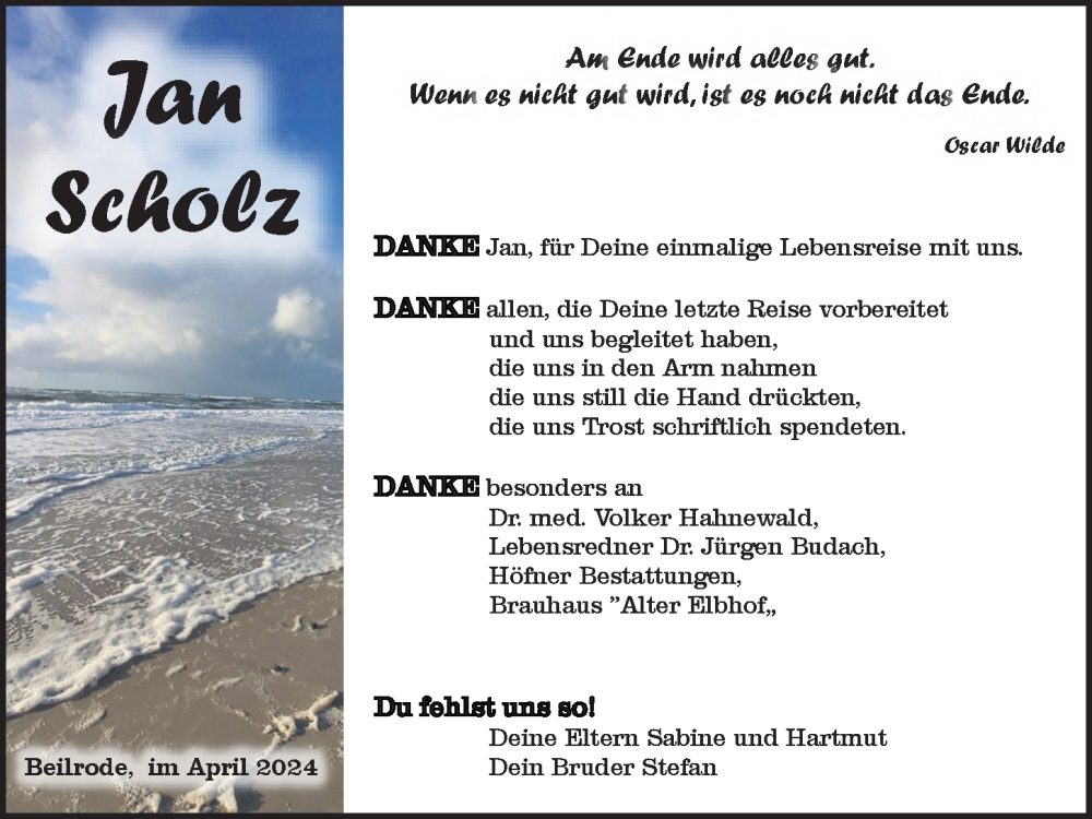  Traueranzeige für Jan Scholz vom 18.05.2024 aus Torgauer Zeitung