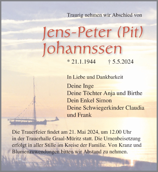 Traueranzeige von Jens-Peter Johannssen von Ostsee-Zeitung GmbH