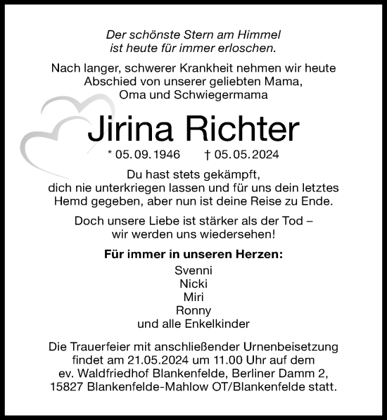 Traueranzeige von Jirina Richter von Märkischen Allgemeine Zeitung