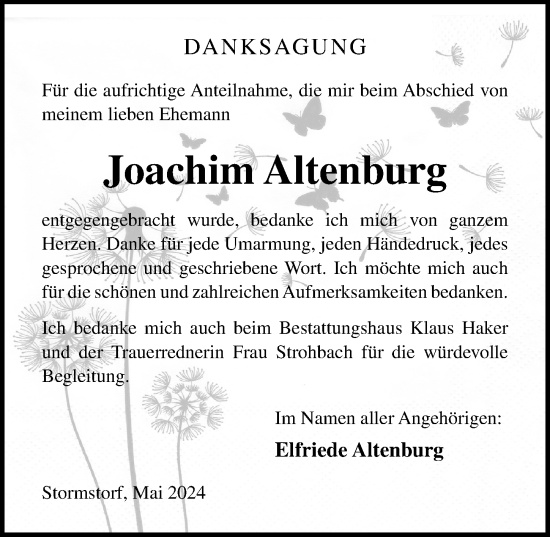Traueranzeige von Joachim Altenburg von Ostsee-Zeitung GmbH