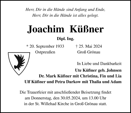 Traueranzeige von Joachim Küßner von Lübecker Nachrichten