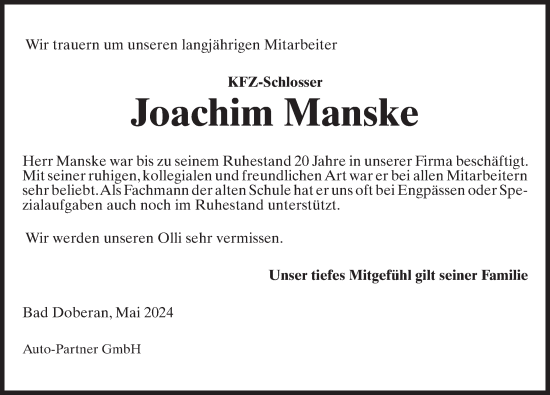 Traueranzeige von Joachim Manske von Ostsee-Zeitung GmbH