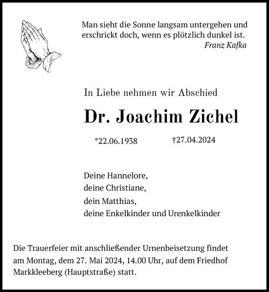Traueranzeige von Joachim Zichel von Leipziger Volkszeitung