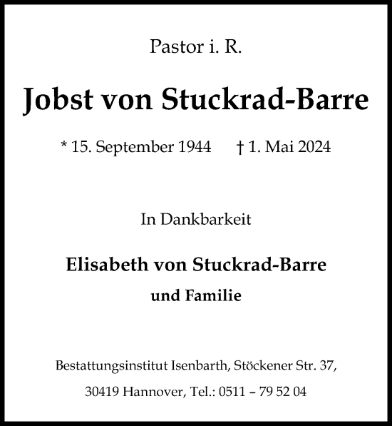 Traueranzeige von Jobst von Stuckrad-Barre von Hannoversche Allgemeine Zeitung/Neue Presse