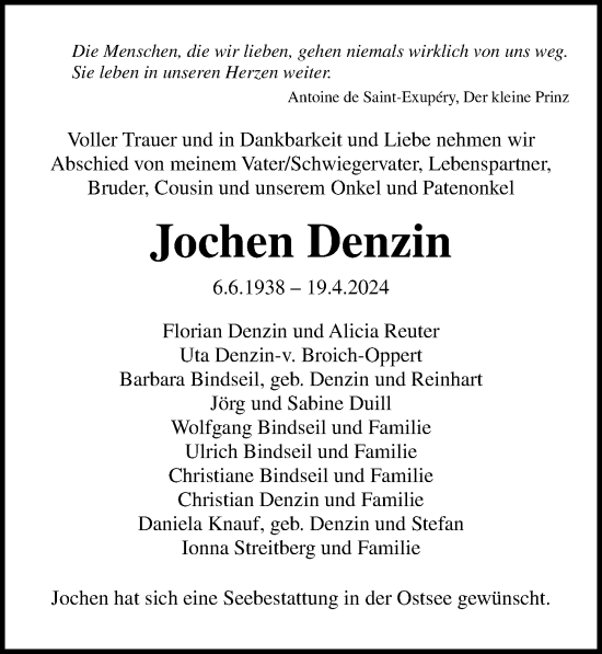 Traueranzeige von Jochen Denzin von Ostsee-Zeitung GmbH