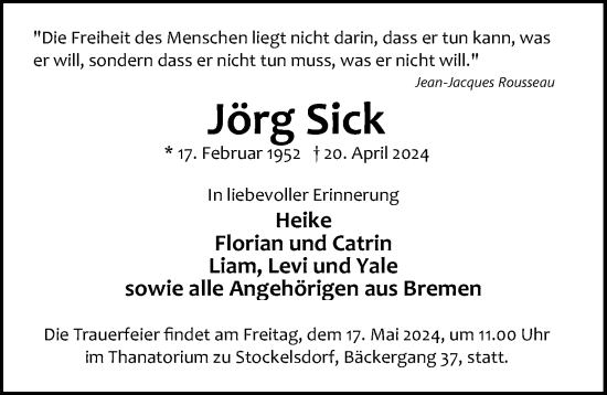 Traueranzeige von Jörg Sick von Lübecker Nachrichten
