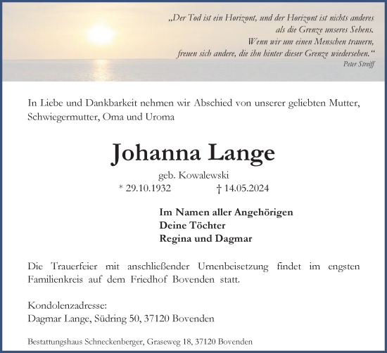 Traueranzeige von Johanna Lange von Göttinger Tageblatt