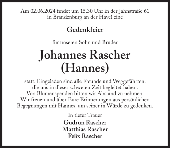 Traueranzeige von Johannes Rascher von Märkischen Allgemeine Zeitung
