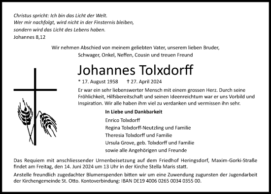 Traueranzeige von Johannes Tolxdorff von Ostsee-Zeitung GmbH