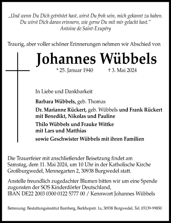 Traueranzeige von Johannes Wübbels von Hannoversche Allgemeine Zeitung/Neue Presse
