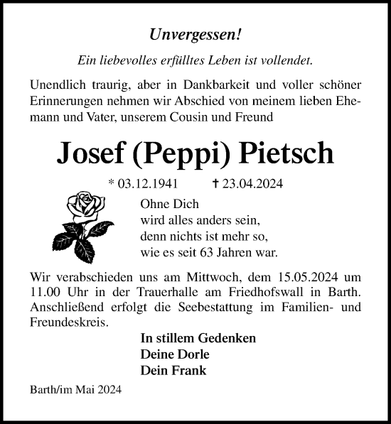 Traueranzeige von Josef Pietsch von Ostsee-Zeitung GmbH