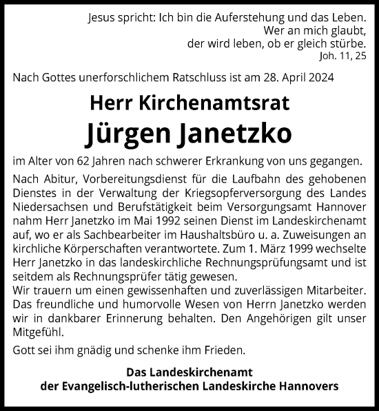 Traueranzeige von Jürgen Janetzko von Hannoversche Allgemeine Zeitung/Neue Presse