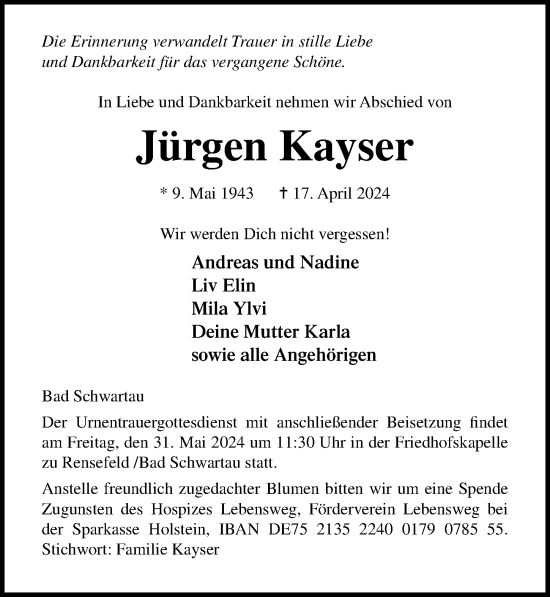 Traueranzeige von Jürgen Kayser von Lübecker Nachrichten
