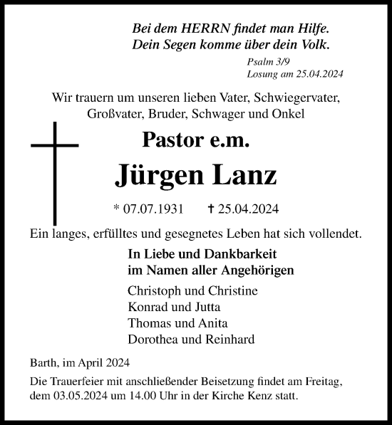 Traueranzeige von Jürgen Lanz von Ostsee-Zeitung GmbH