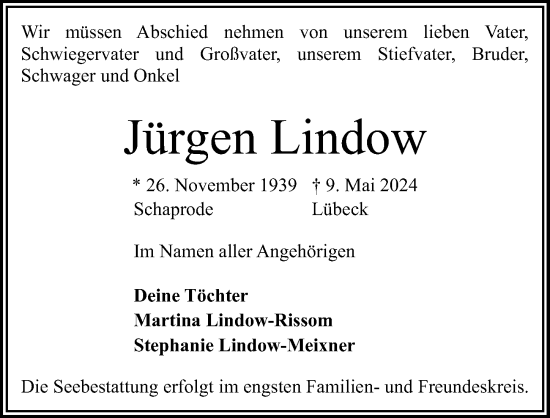 Traueranzeige von Jürgen Lindow von Lübecker Nachrichten
