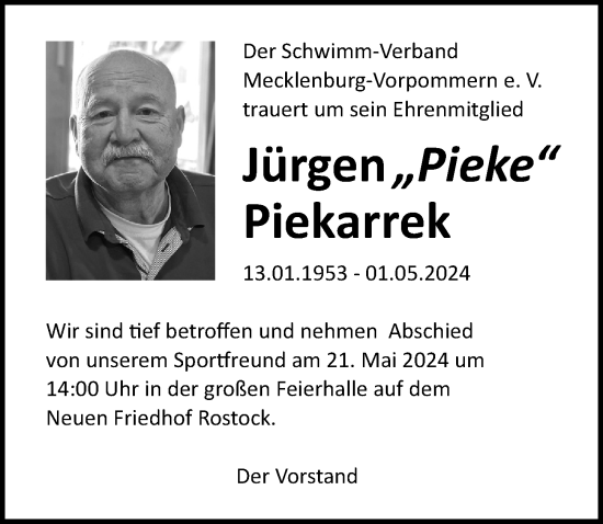 Traueranzeige von Jürgen Piekarrek von Ostsee-Zeitung GmbH
