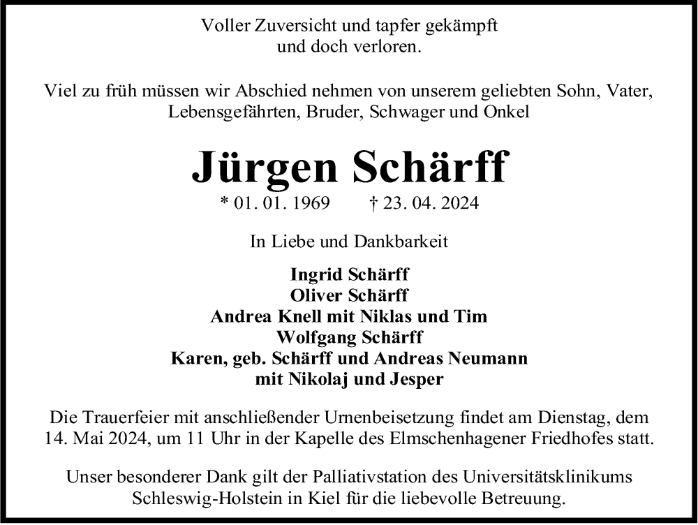  Traueranzeige für Jürgen Schärff vom 04.05.2024 aus Kieler Nachrichten