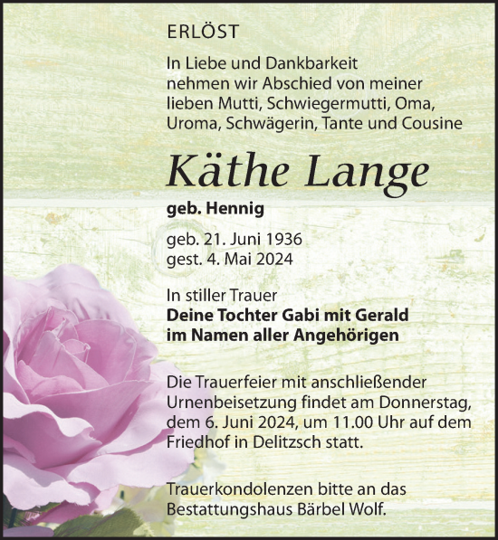 Traueranzeige von Käthe Lange von Leipziger Volkszeitung