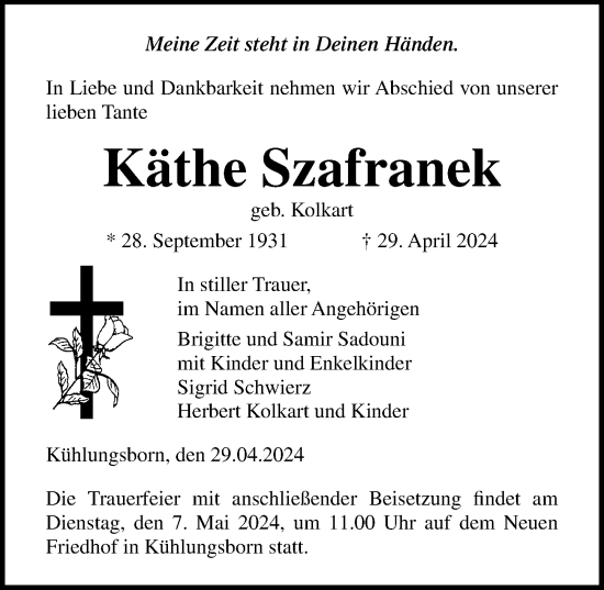 Traueranzeige von Käthe Szafranek von Ostsee-Zeitung GmbH