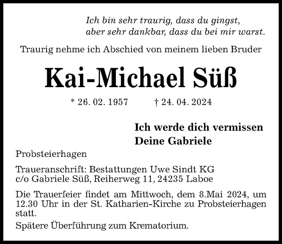 Traueranzeige von Kai-Michael Süß von Kieler Nachrichten