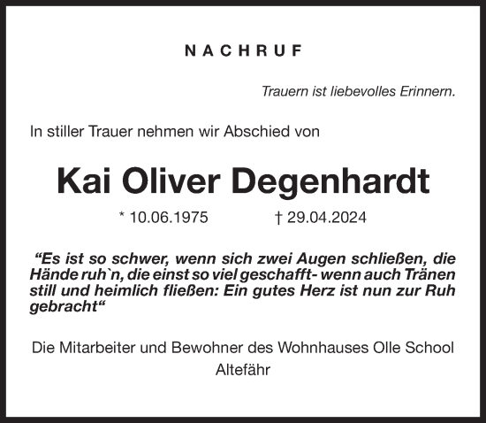 Traueranzeige von Kai Oliver Degenhardt von Ostsee-Zeitung GmbH