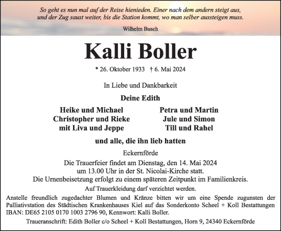 Traueranzeige von Kalli Boller von Kieler Nachrichten